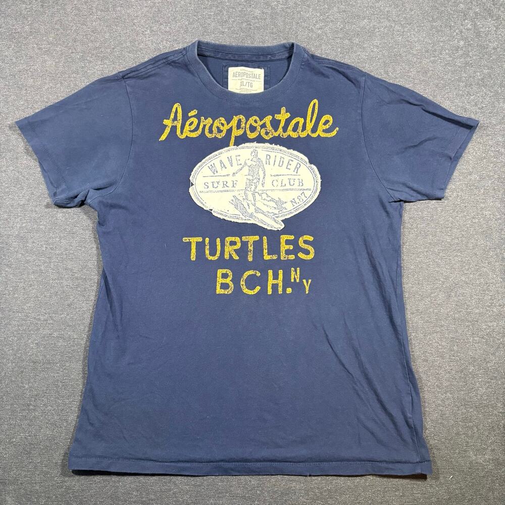 Y2K Aeropostale Wave Rider Surf Club T-Shirt Mens XL Blue Patch Turtle beach